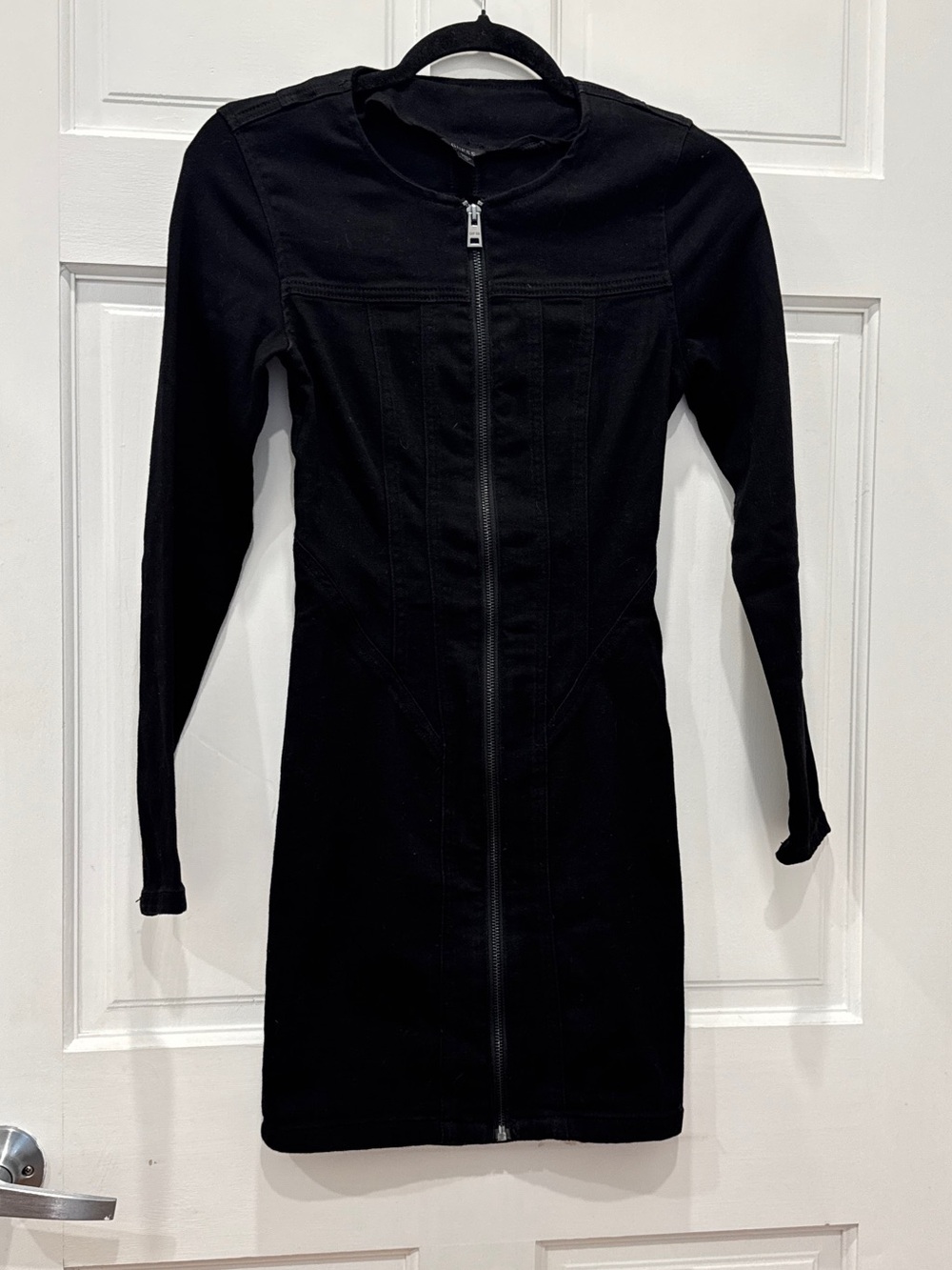 GUESS XS Black Zip Front Denim Mini Dress Bodycon Moto Y2K Grunge Goth